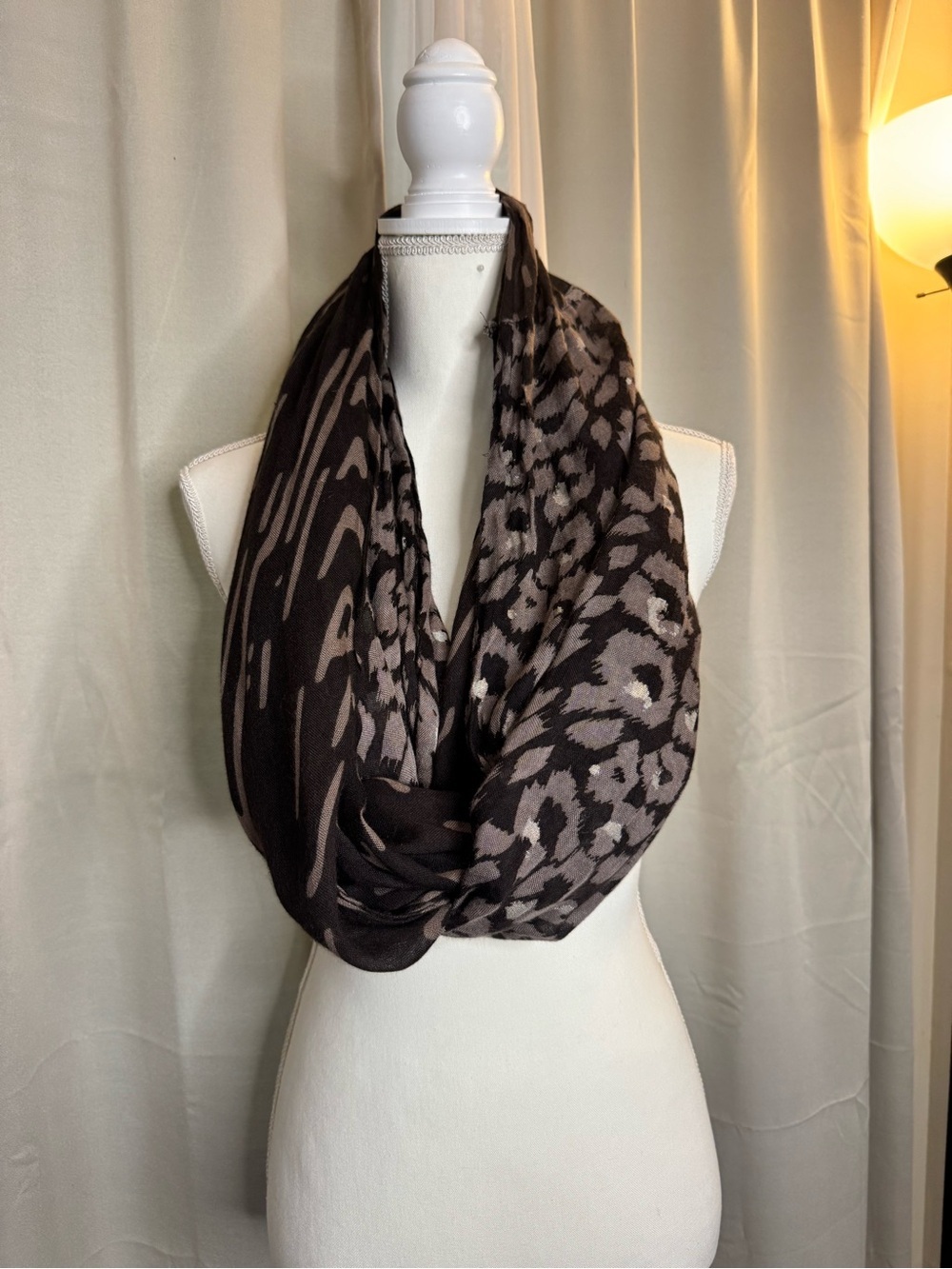 Black Gray Animal Print Infinity Scarf Lightweight Loop Scarf 27x88 As Is